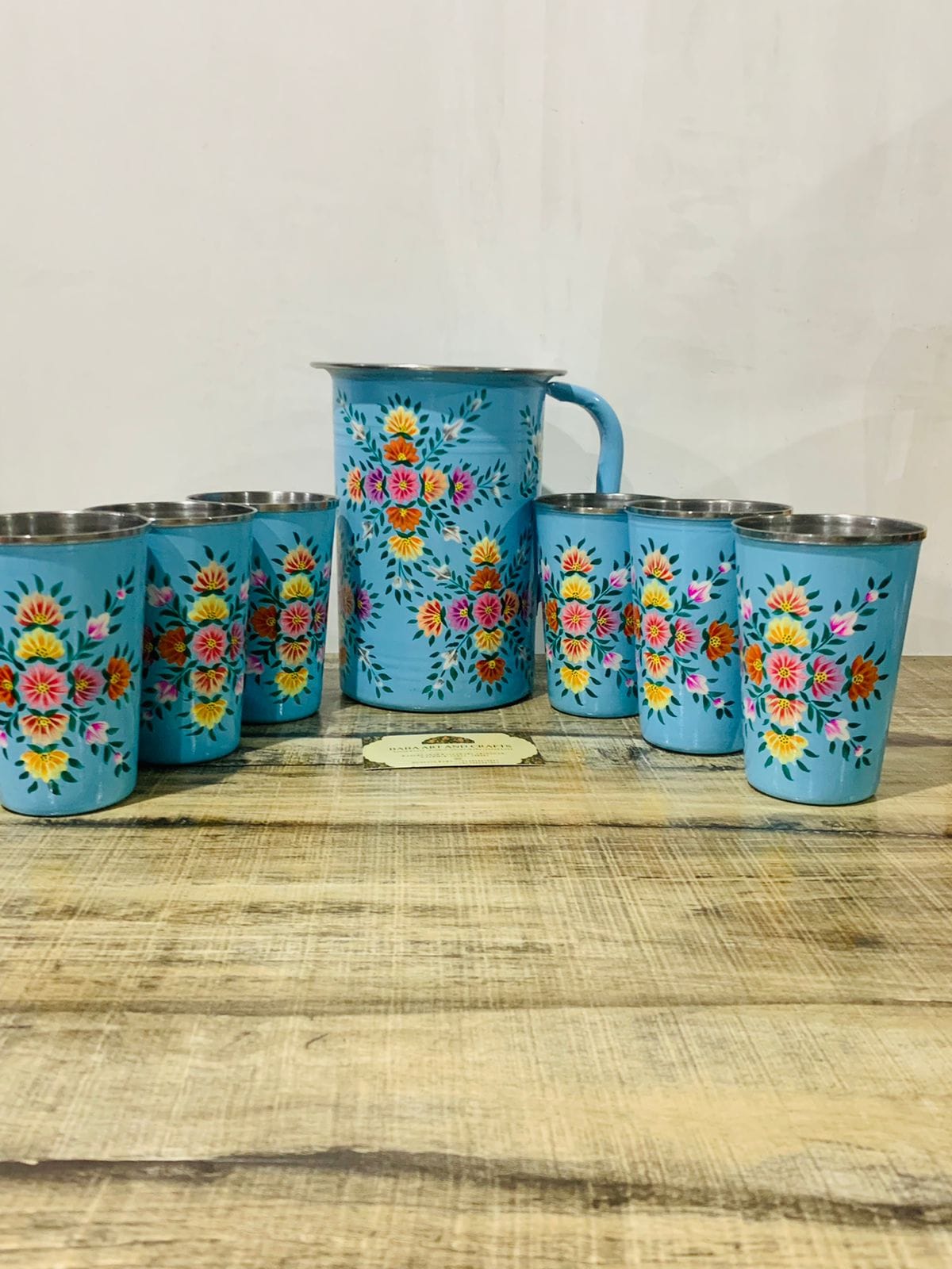 Hand painted jug set, Enamel Ware utensils,Enamelware jug set with 6 hand painted steel glass , kashmiri enamelware, hand painted tumbler set , pitcher